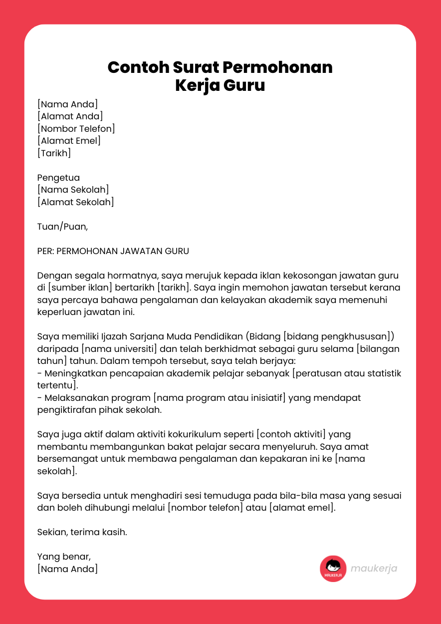 Contoh  Surat Permohonan Kerja Guru